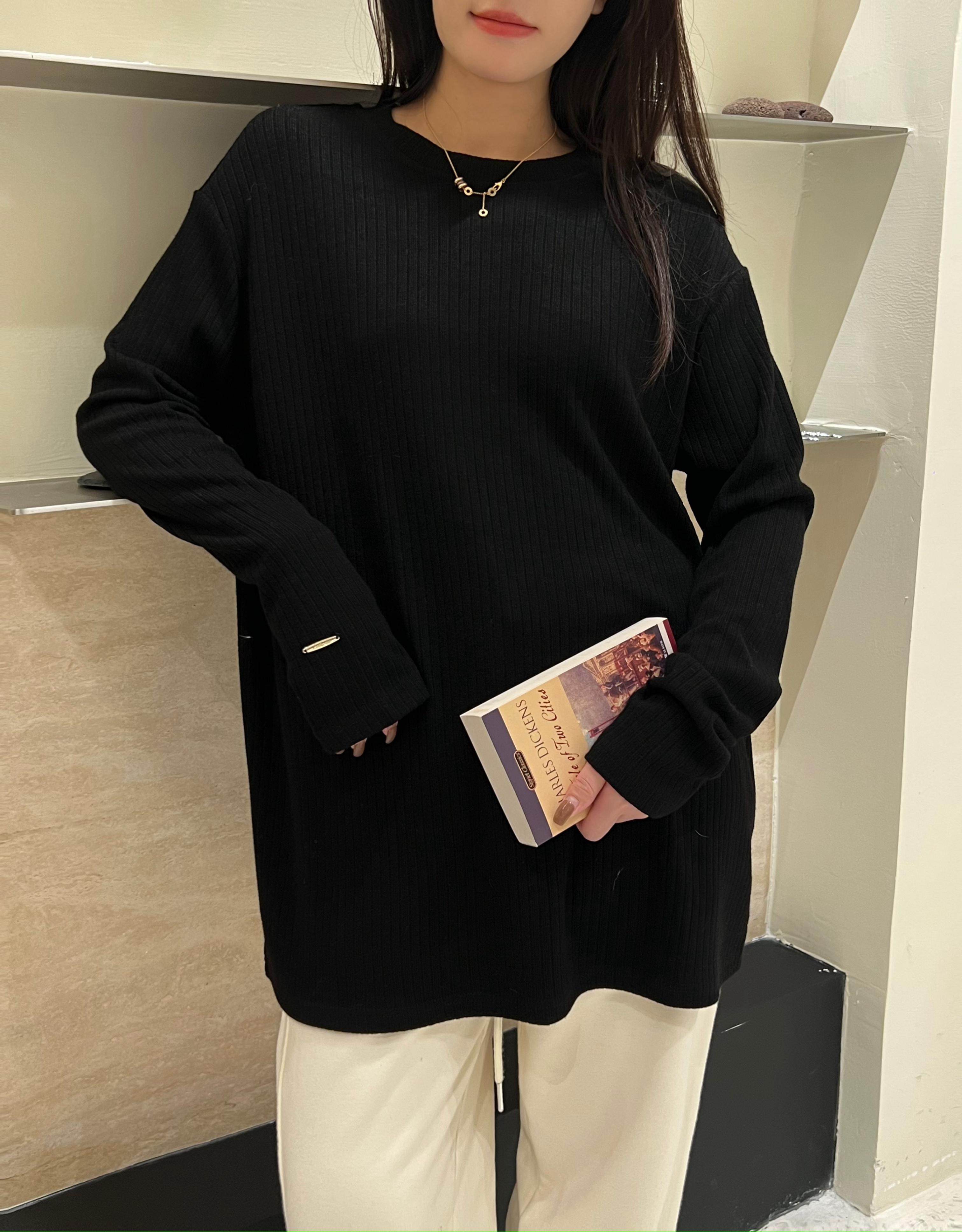 JLSUNFLOWER黑色长袖T恤女装春秋宽松百搭纯色内搭外穿打底衫上衣