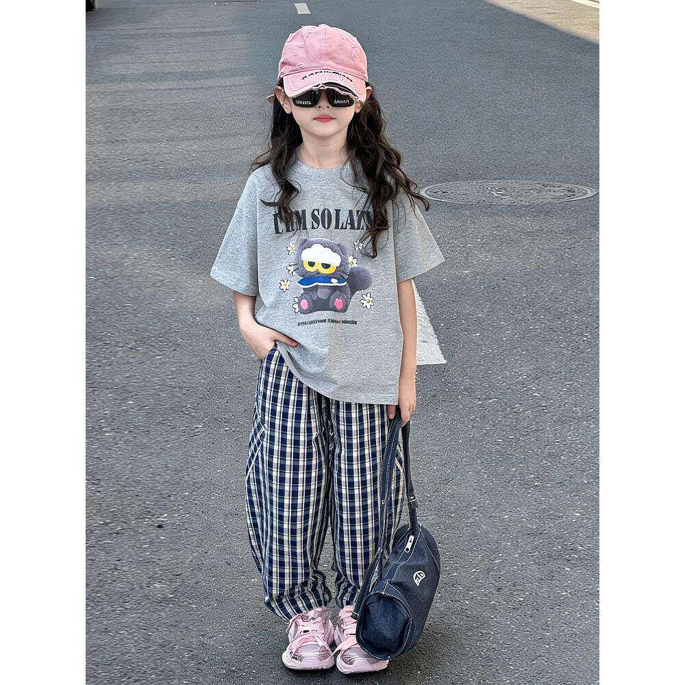 女童短袖T恤2026新款夏季儿童洋气卡通半袖上衣女孩夏装时髦套装