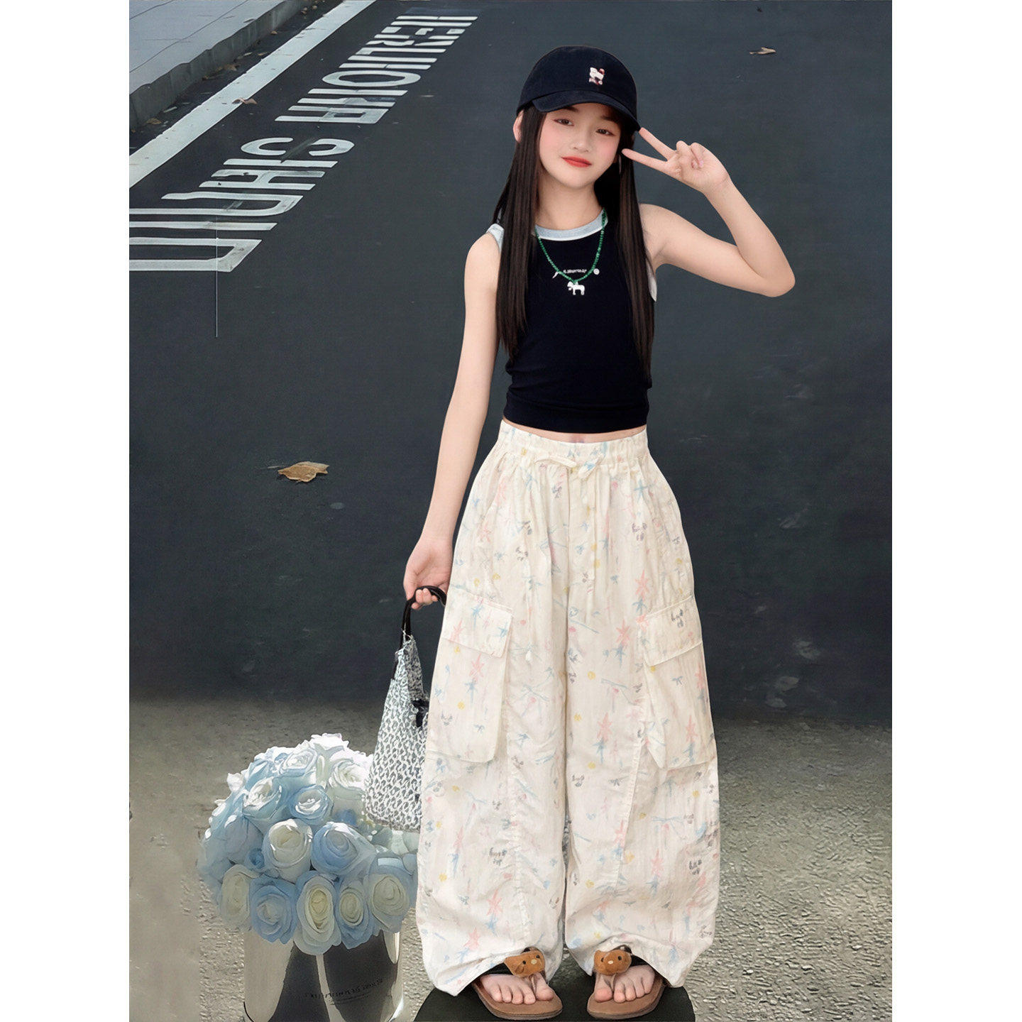 女童工装裤夏2026新款儿童超好看炸街裤子套装女孩大童薄款速干裤