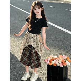 女大童夏季 2026新款 儿童洋气时髦短袖 格子半身裙两件套潮 休闲套装