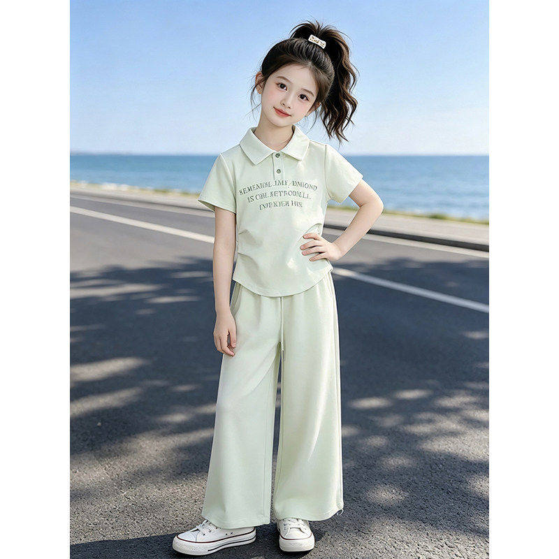 女童夏季套装2026新款儿童Polo衫印花T恤夏装女孩阔腿裤两件套