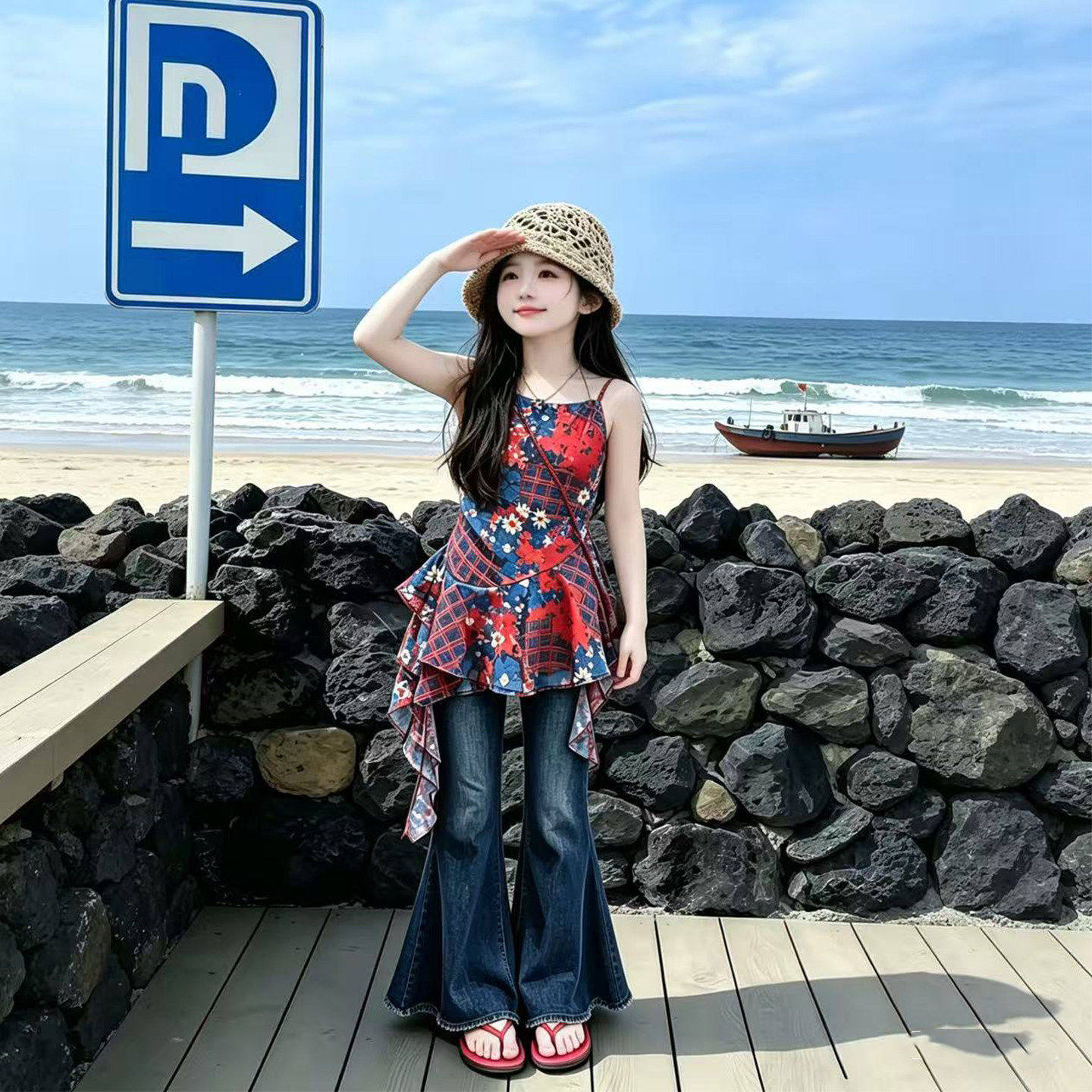 女童夏装不规则碎花裙套装2026夏季新款儿童吊带裙刺绣牛仔喇叭裤