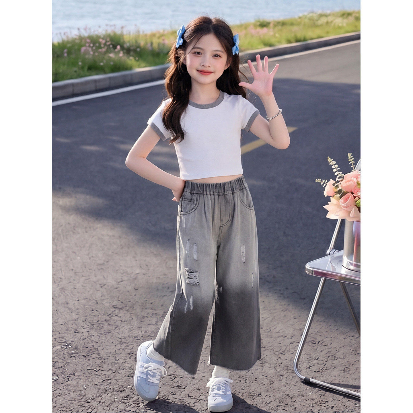 女童套装夏季2026新款儿童洋气短袖T恤女孩夏装牛仔 阔腿裤两件套