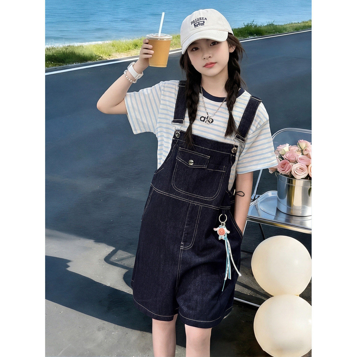 女童背带裤套装2026夏季新款洋气儿童夏装短裤女大童夏天牛仔裤子
