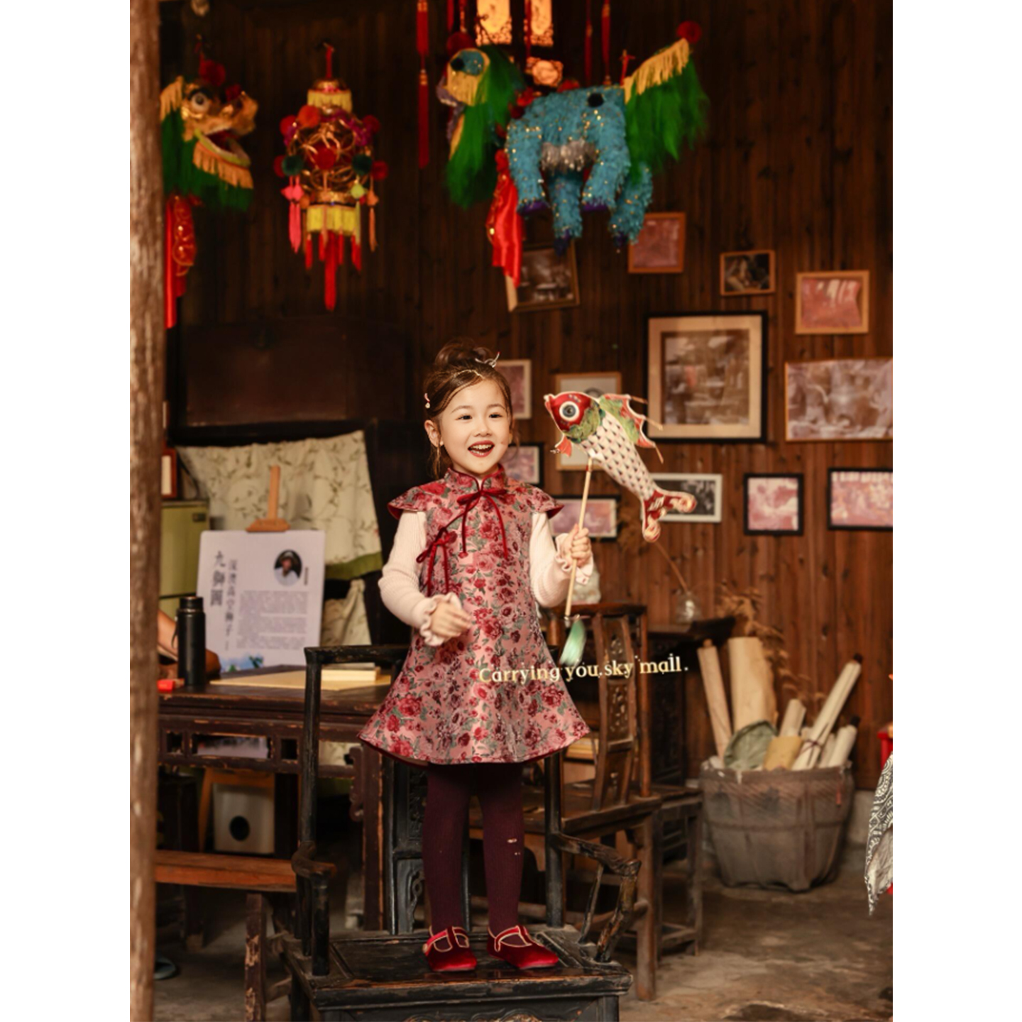 女童新中式国风生日礼服旗袍裙子儿童加绒新年拜年服迪士尼公主裙