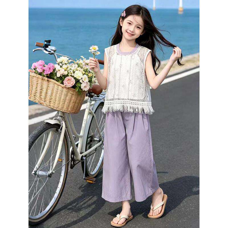 女童镂空背心套装夏季2026新款儿童休闲夏装女孩薄款九分裤两件套