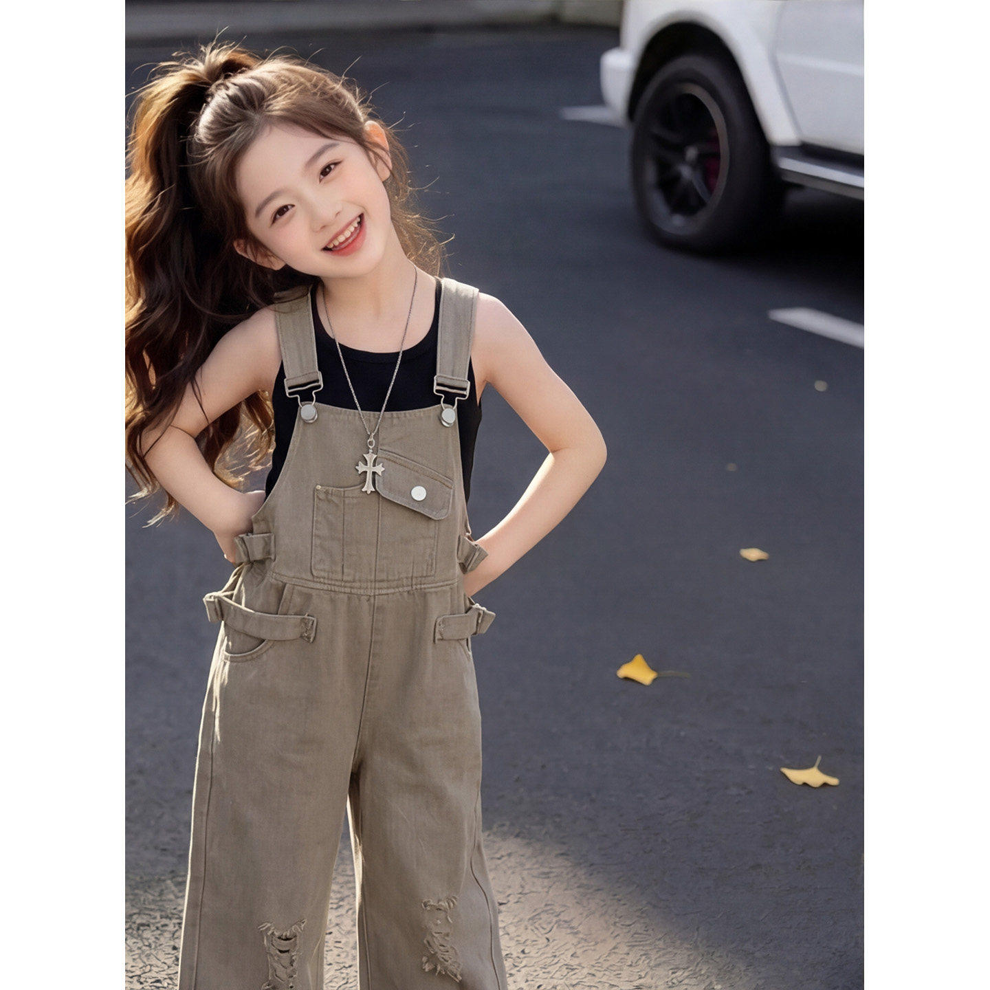 女童夏季洋气套装薄款背带裤2026新款时髦女大童韩版儿童吊带长裤