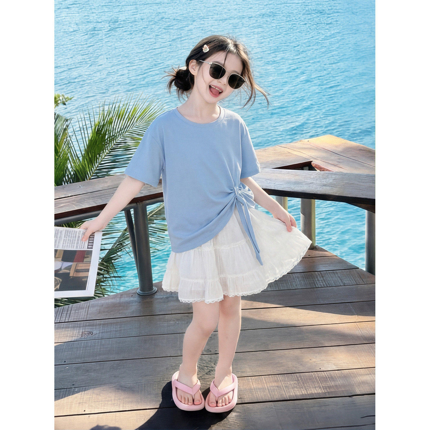 女童韩系慵懒风套装2026夏季新款大童不规则短袖甜美半身裙两件套