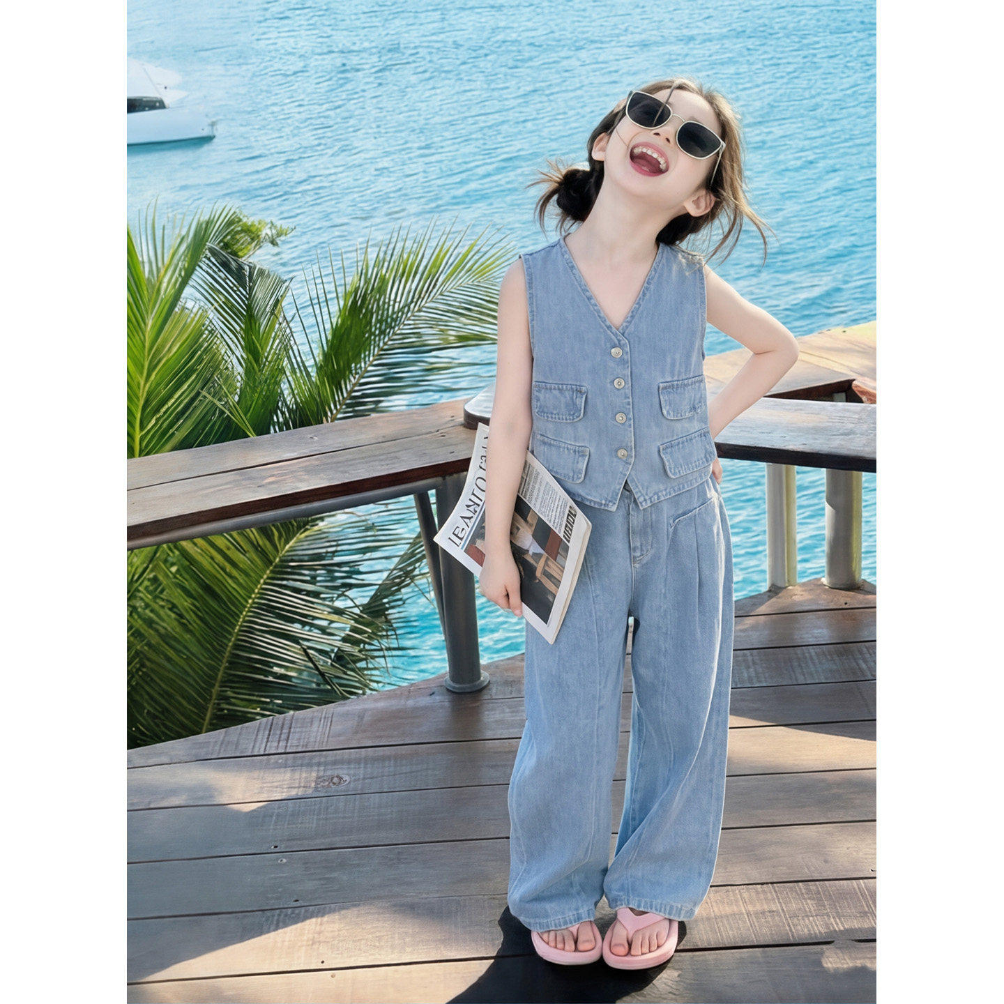女童牛仔背心套装2026夏季新款洋气儿童薄款阔腿裤大童马甲两件套