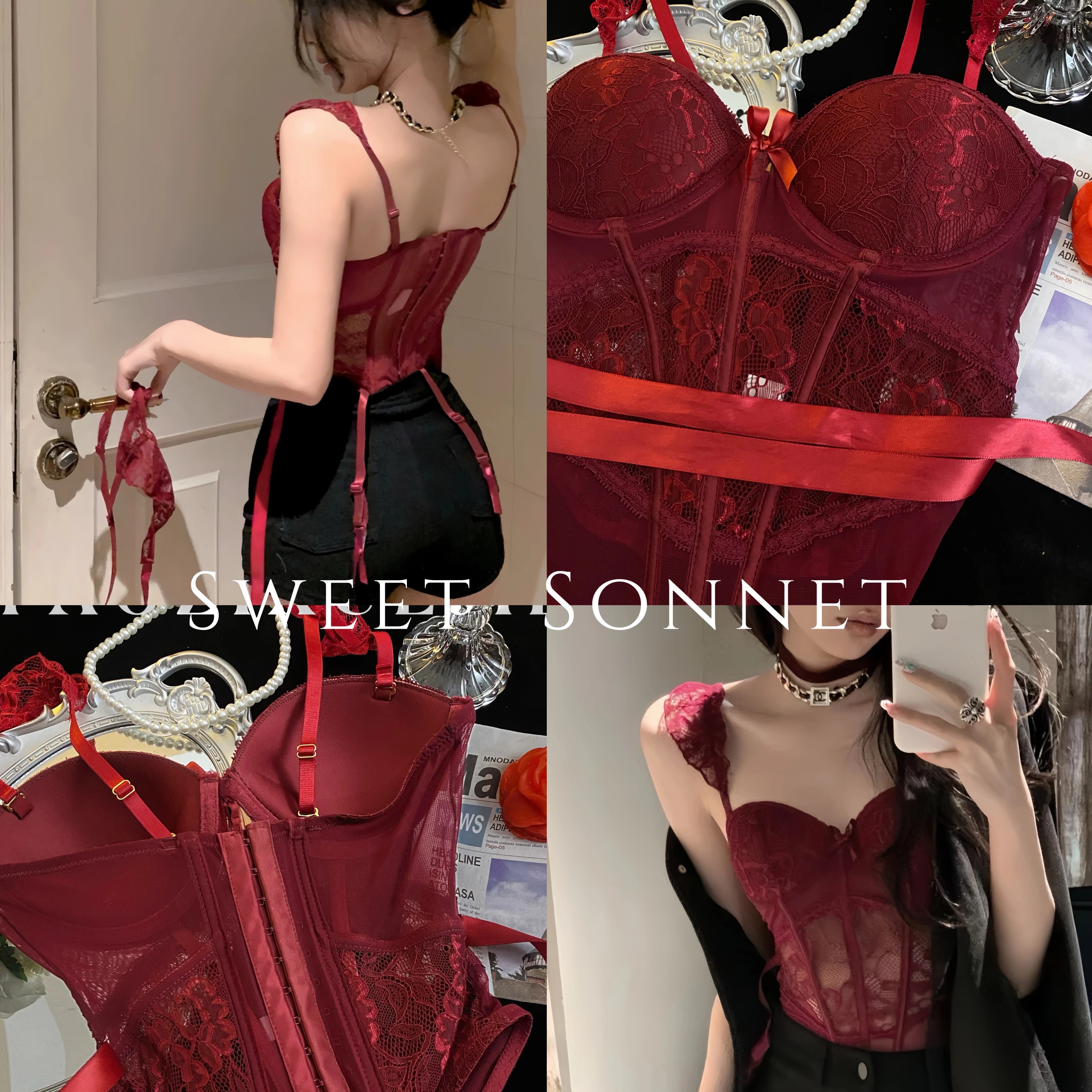 蕾丝外穿内搭带胸垫上衣鱼骨性感