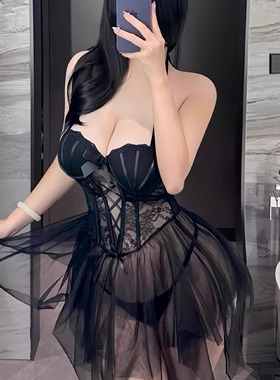 红色魂迷|内衣加胸垫性感！修身网纱透视钢圈聚拢吊带睡裙女