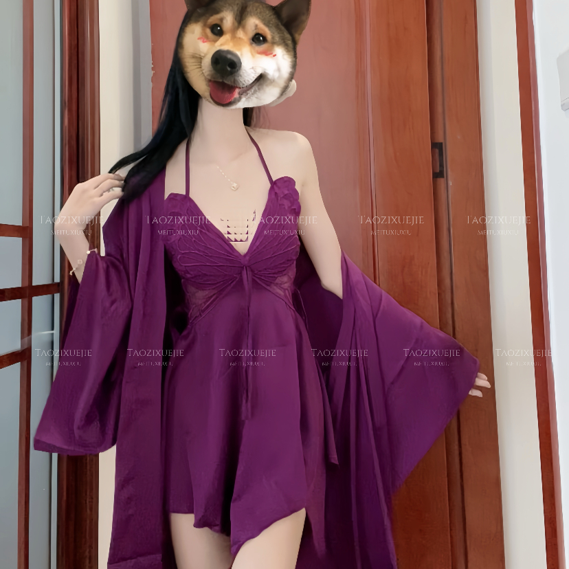 紫海棠｜性感睡衣女带胸垫冰丝绸吊带睡裙睡袍