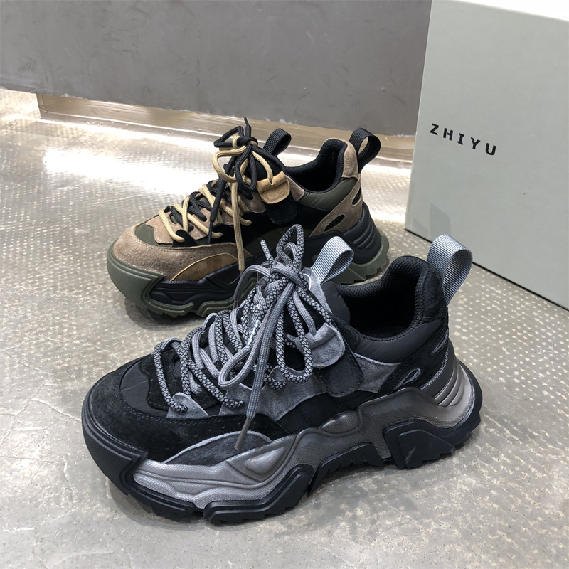 厚底真皮老爹鞋圆头松糕底运动