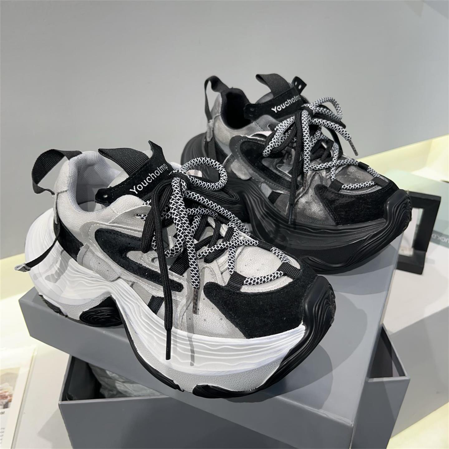 欧货真皮系带厚底老爹鞋