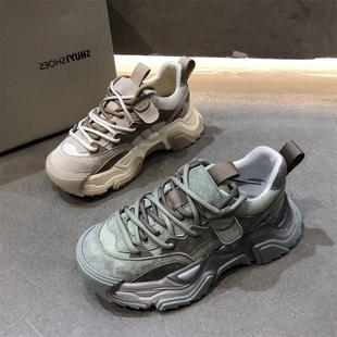 学生运动老爹鞋 欧洲站2023春季 百搭拼色休闲鞋 真皮厚底单鞋 女 新款