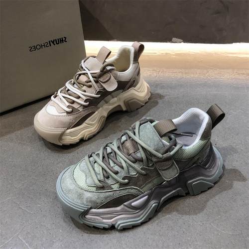 真皮厚底老爹鞋拼色运动鞋