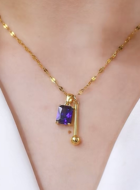 紫色方形水晶几何方块项链