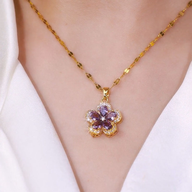 紫色锆石花朵项链女轻奢小众