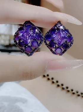 紫色水晶几何菱形耳环2025年新款潮气质小众复古高级感网红耳饰女