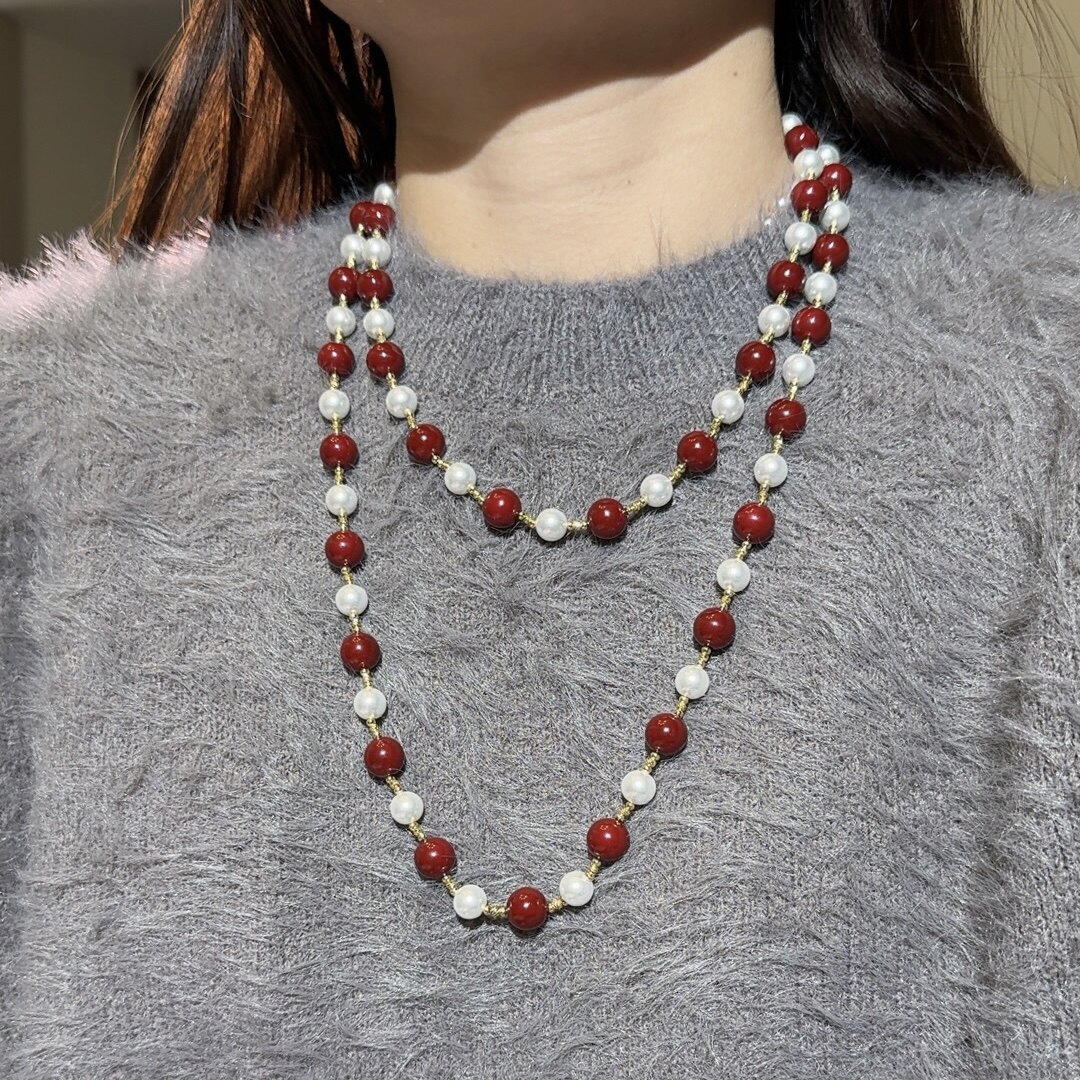 双层叠戴红色仿珍珠项链女大气小众高级锁骨链气质长款毛衣链秋冬