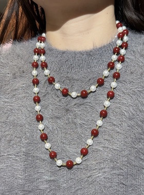 双层叠戴红色仿珍珠项链女大气小众高级锁骨链气质长款毛衣链秋冬
