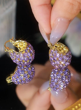 气质紫色几何满钻耳环小众设计感耳扣时尚百搭精致高级感轻奢耳饰
