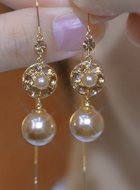 香槟色镶钻珍珠耳线长款小众轻奢复古高级感耳钉2025新款爆款耳饰