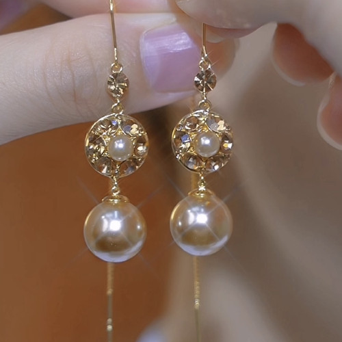 香槟色镶钻珍珠耳线长款小众