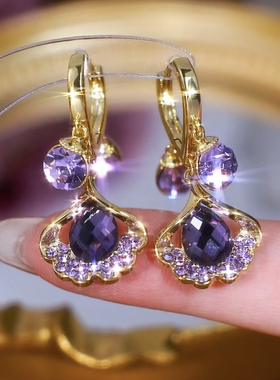 紫色猫眼石银杏叶锆石耳扣女2025新款百搭气质耳环轻奢高级感耳饰