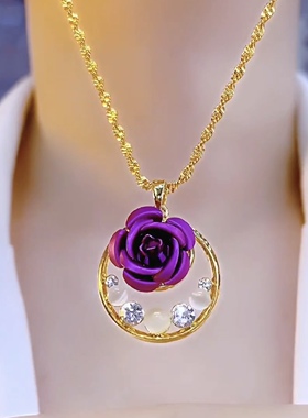 轻奢镶钻紫色玫瑰花吊坠项链长款毛衣链女气质百搭小众花朵锁骨链