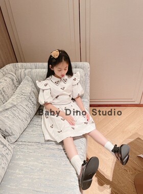 现货Baby Dino定制款女童白色熊头印花宫廷风连衣裙