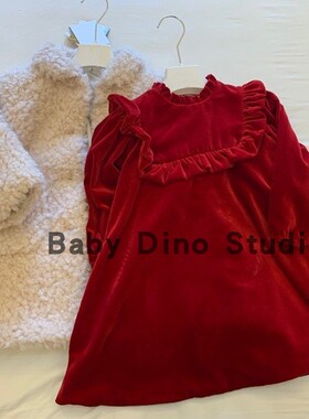 现货Baby Dino定制款女童圣诞新年红色丝绒胸前花边长袖连衣裙
