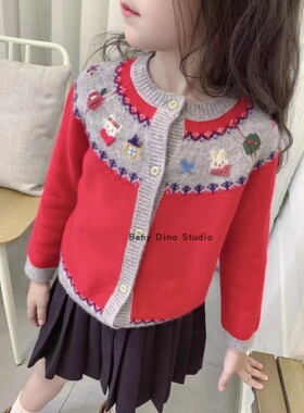 现货Baby Dino定制款男女童两色针织小熊汽车小狗单排扣针织开衫