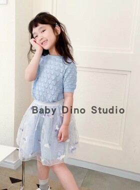 现货Baby Dino定制款针织镂空提花菱形格绿色立体蝴蝶结网纱半裙