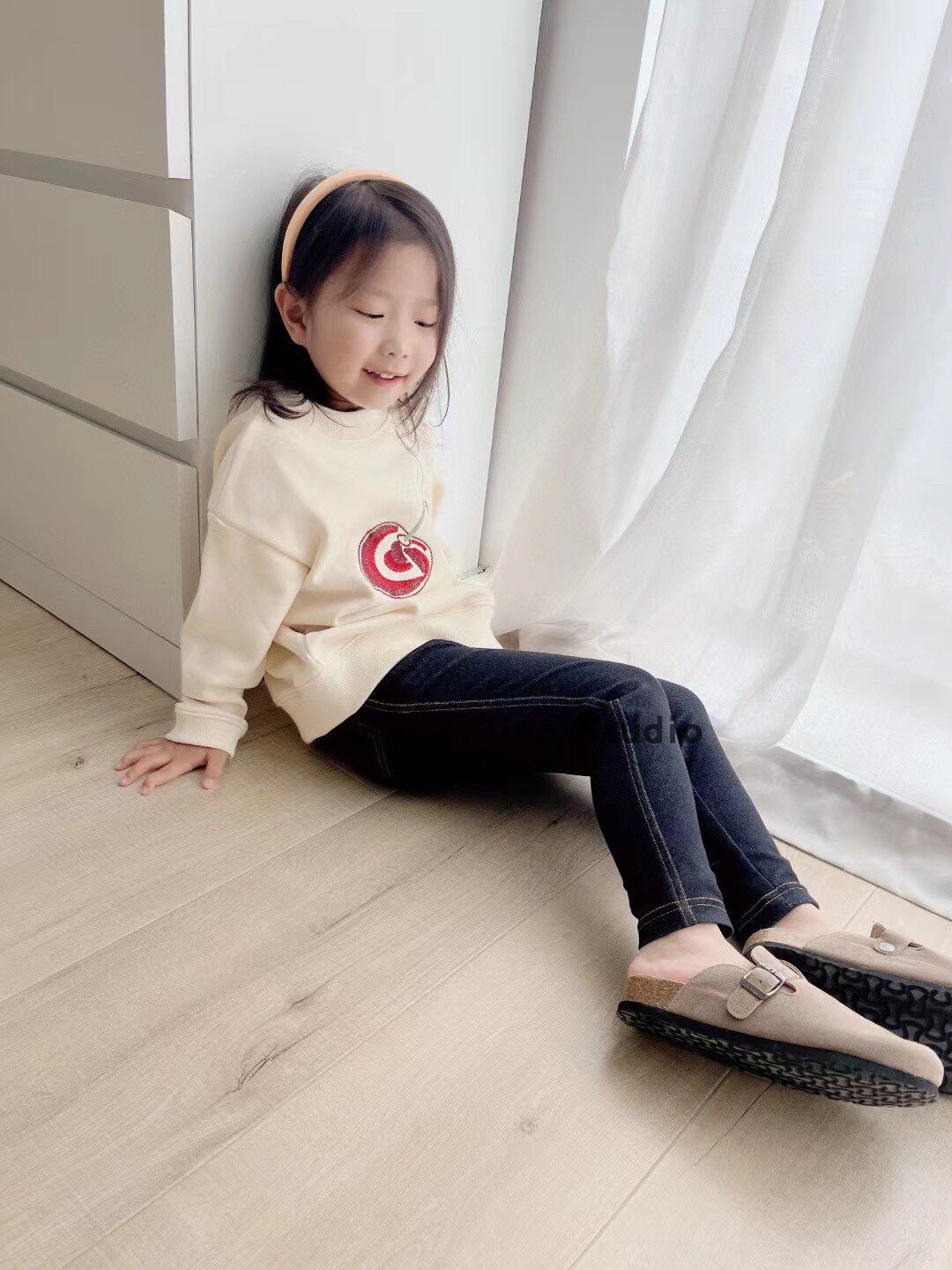 现货Baby Dino定制款女童黑色仿牛仔针织修身柔软弹力打底小脚裤