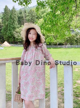 现货Baby Dino定制款女童粉色轻薄印花短袖舒适纯棉连衣裙