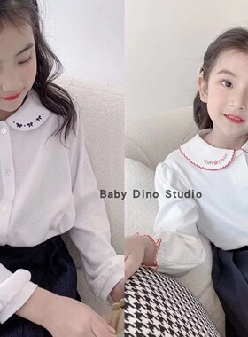 现货Baby Dino定制款娃娃领蝴蝶结绣花红色牙牙领长袖衬衫打底T恤