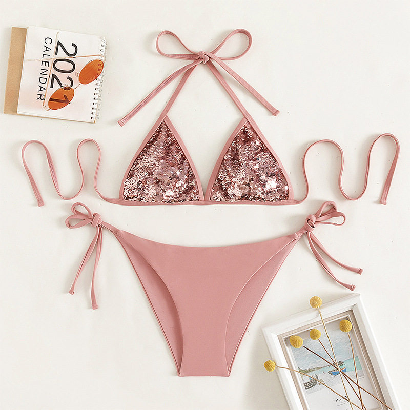 美人鱼亮片三角比基尼游泳衣女士小胸聚拢三点式分体泳装bikini59