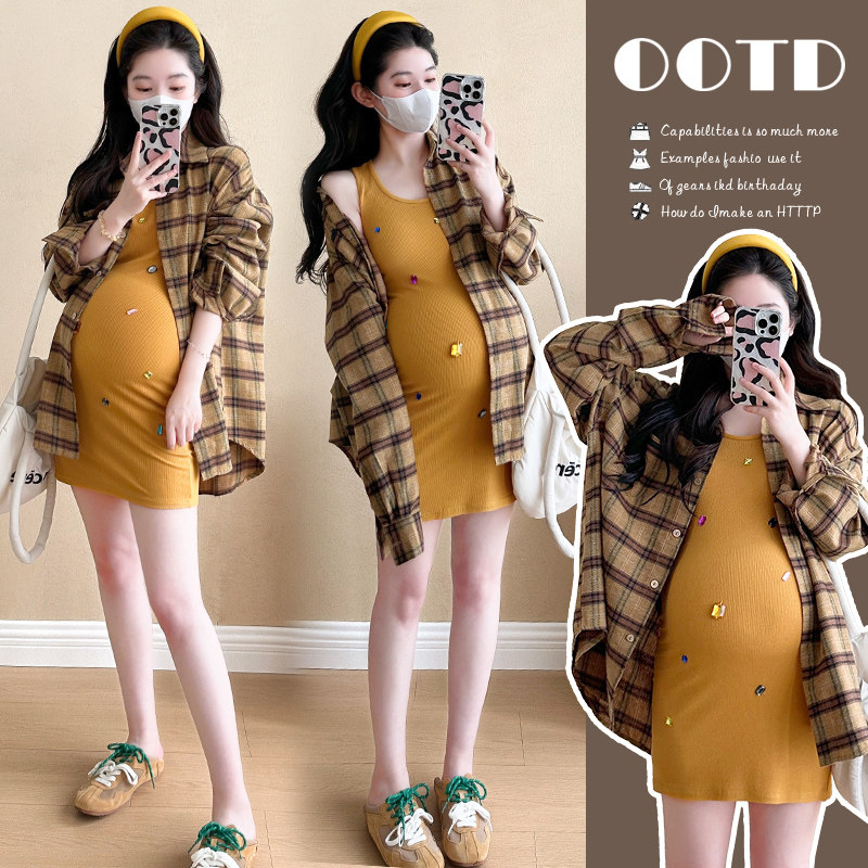 thumbnail for Pregnant women's spring dress 2026 new pregnancy wear French plaid shirt hot mom slimming sundress set