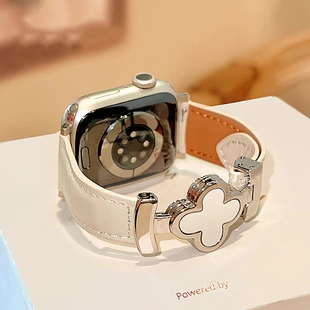适用iWatchs10苹果手表s9新款四叶草金属磁吸扣真皮S876表带se女