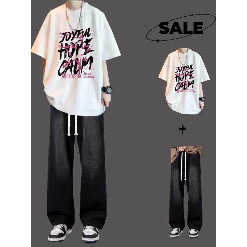 潮牌短袖T恤休闲套装男生夏季潮流帅气一套搭配牛仔裤男装两件套