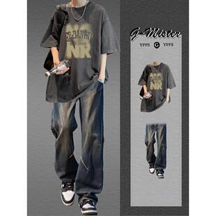 一套搭配牛仔裤 短袖 潮流痞帅气男装 男休闲夏季 学生两件套 T恤套装