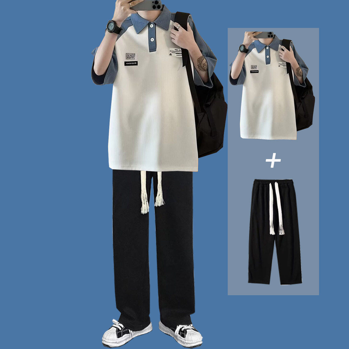 夏季翻领POLO衫男套装青少年学生短袖长裤学院风潮流搭配