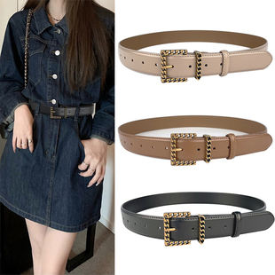 百搭皮带牛皮针扣裤 饰牛仔裤 带 装 高级感复古女士真皮腰带潮流新款