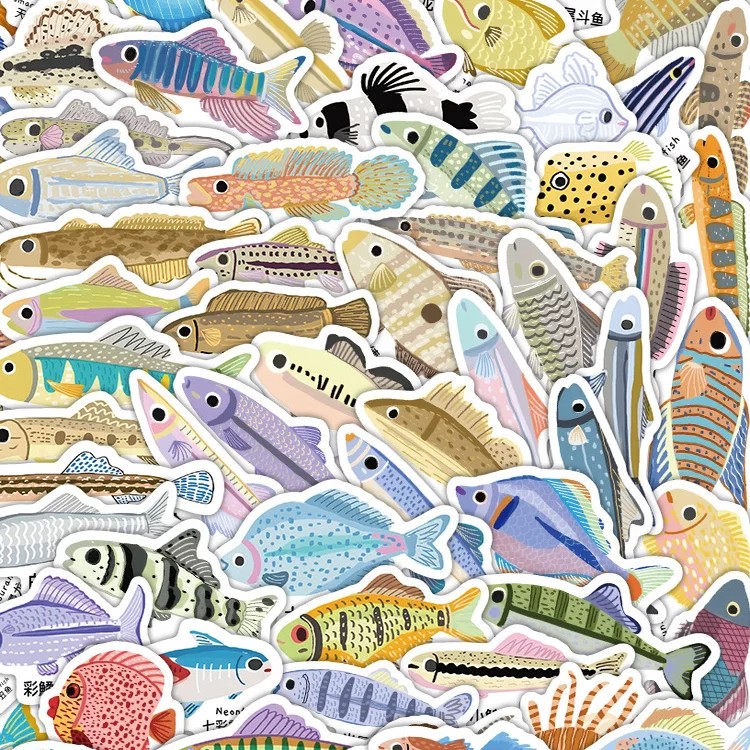 296张海底鱼类图鉴儿童贴纸可爱卡通海洋生物装饰行李箱防水贴画