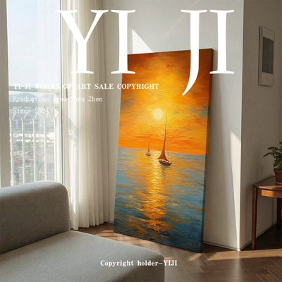 YJ.ART原创手绘《汐帆影宁》轻奢氛围感海上朝阳玄关厚涂装饰画