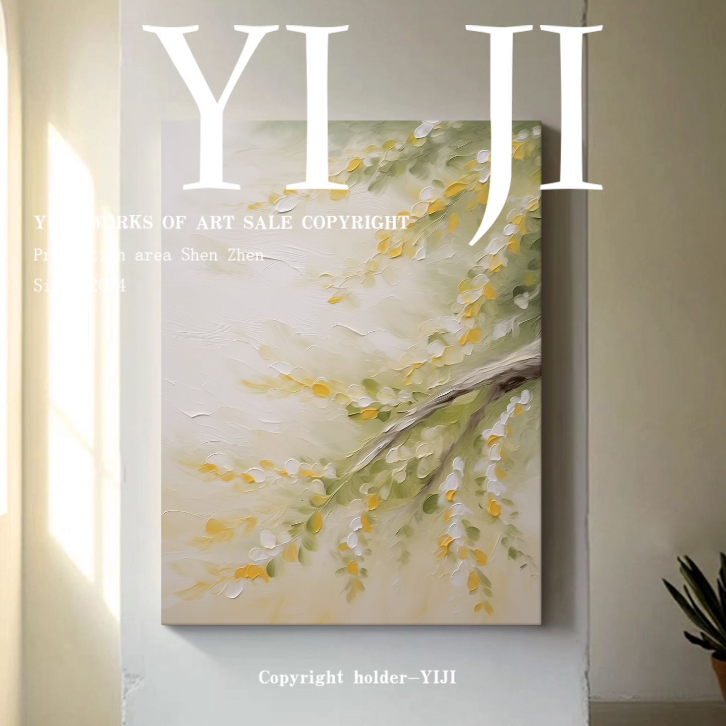YJ.ART原创手绘《春枝漫语》表现主义自然风花植艺术餐厅落地画