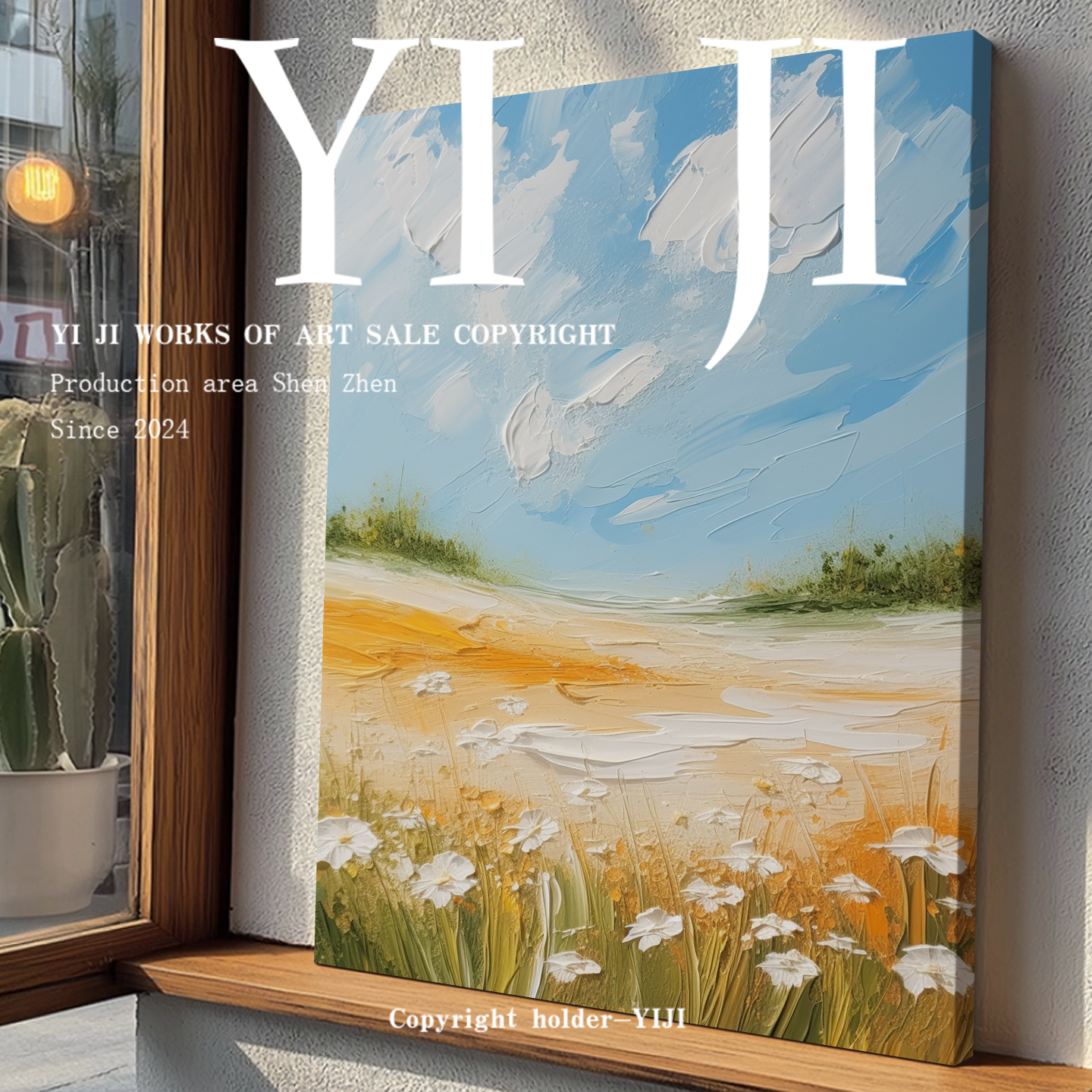 YJ.ART手绘油画《野絮晴柔》奶油风花园绿系小众治愈走廊客厅挂画