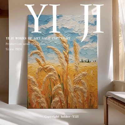 YJ.ART原创手绘《麦浪云颂》浮雕肌理ins风麦田艺术客厅卧室挂画