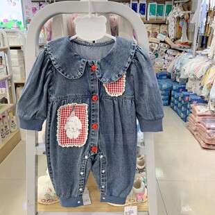 谷米熊婴儿贴布牛仔连体衣春秋款可爱女宝爬服哈衣柔软0-2岁衣服